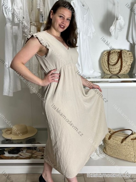 Šaty dlouhé volnočasové letní mušelín krátký rukáv dámské INGE (S/M/L ONE SIZE) ITALSKÁ MÓDA IM425304/DUR S/M/L béžová