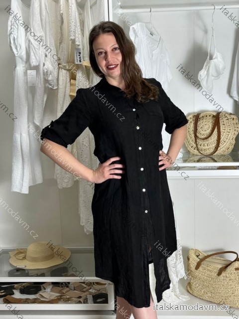 Šaty ľanové košeľové krátky rukáv dámske (S/M/L ONE SIZE) TALIANSKA MODA IM7250001/DU -   čierna
 -   S/M/L