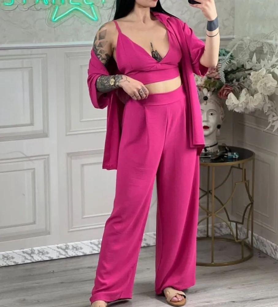 Souprava letní croptop na ramínka, košile a kalhoty dlouhé dámské (S/M/L ONE SIZE) ITALSKÁ MÓDA IMPMD252350j