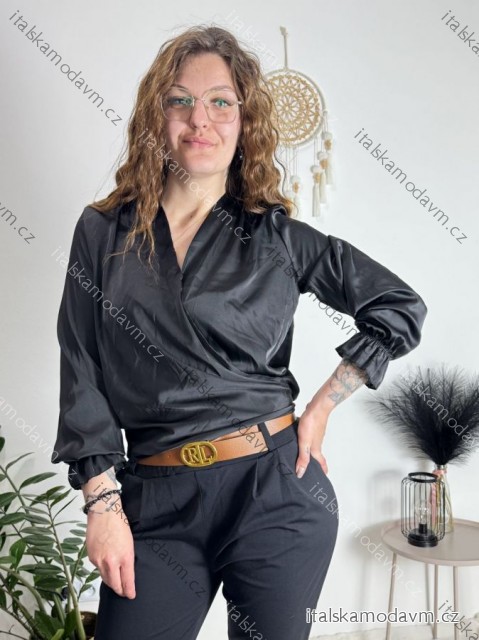 Tunika košile saténová dlouhý rukáv dámská (S/M ONE SIZE) ITALSKÁ MÓDA IMM24M2122/DUR Černá S/M
