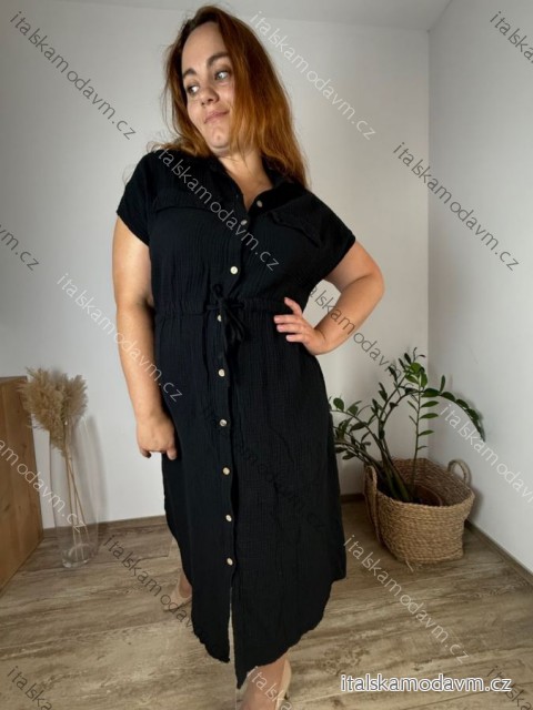 Šaty košeľové letné sťahovací mušelín krátky rukáv dámske nadrozmer GITA (46/48/50 ONE SIZE) TALIANSKA MÓDA IM425296/DUR 46/48/50 čierna