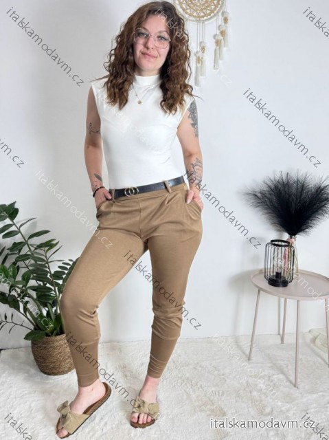 Kalhoty elegantní s páskem dámské  (S/M/L ONE SIZE) ITALSKÁ MÓDA IM425030/DR hnědá S/M/L