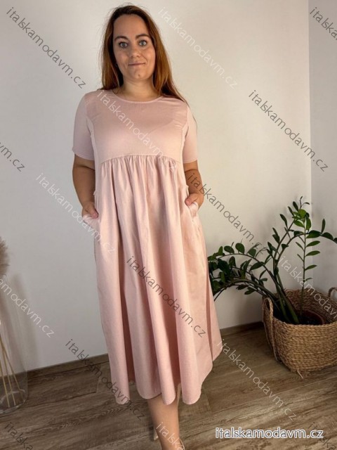 Šaty krátký rukáv dámské nadrozměr JULIE (48/50/52 ONE SIZE) ITALSKÁ MÓDA IMSM25JULIE/DU -   růžová starorůžová -   48/50/52