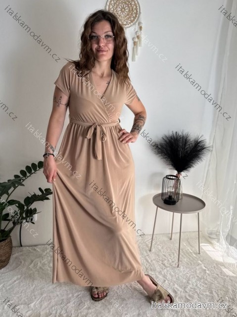 Šaty dlouhé letní krátký rukáv dámské (S/M ONE SIZE) ITALSKá MóDA IM323111/DU S/M béžová