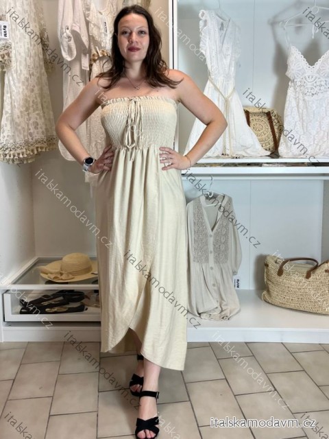 Šaty dlouhé letní carmen přes prsa dámské ORISEA (S/M/L ONE SIZE) ITALSKÁ MÓDA IM425405/DUR S/M/L béžová