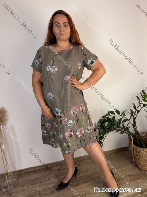 Šaty ľanové krátky rukáv dámske nadrozmer (42/44/46 ONE SIZE) TALIANSKA MODA IM7250002/DU - zelená khaki - 44/46