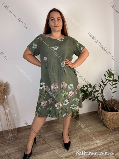 Šaty ľanové krátky rukáv dámske nadrozmer (42/44/46 ONE SIZE) TALIANSKA MODA IM7250002/DU - Hnědá - 44/46