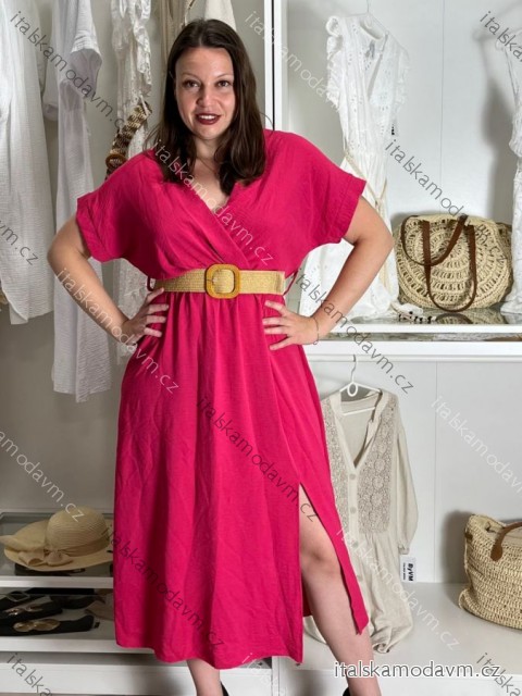 Šaty letní košilové s páskem krátký rukáv dámské (S/M/L ONE SIZE) ITALSKá MóDA IM424486/DR -   tmavě růžová -   M/L