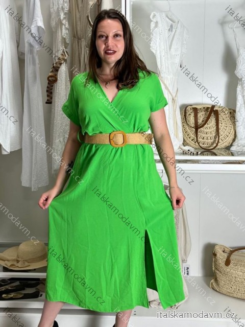 Šaty letné košeľové s opaskom krátky rukáv dámske (S/M/L ONE SIZE) TALIANSKA MóDA IM424486/DR -   zelená hrášková -   M / L