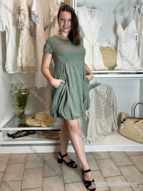 Šaty krátké volnočasové letní krátký rukáv dámské SARA (S/M/L ONE SIZE) ITALSKÁ MÓDA IMSM25046/DU S/M/L zelená khaki