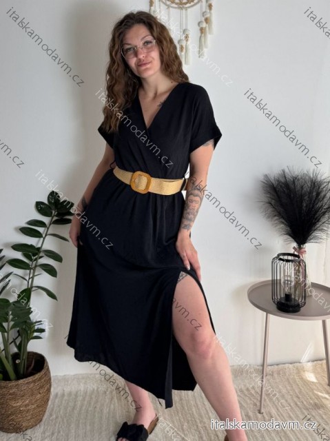 Šaty letní košilové s páskem krátký rukáv dámské (S/M/L ONE SIZE) ITALSKá MóDA IM424486/DR