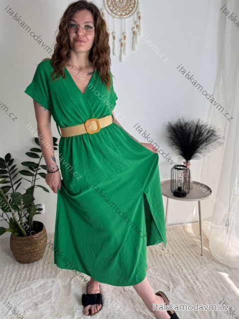 Šaty letné košeľové s opaskom krátky rukáv dámske (S/M/L ONE SIZE) TALIANSKA MóDA IM424486/DR zelená S/M/L
