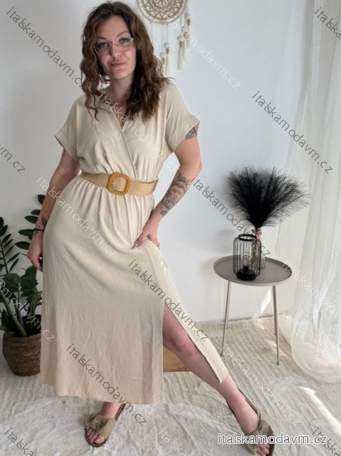 Šaty letní košilové s páskem krátký rukáv dámské (S/M/L ONE SIZE) ITALSKá MóDA IM424486/DR béžová S/M/L