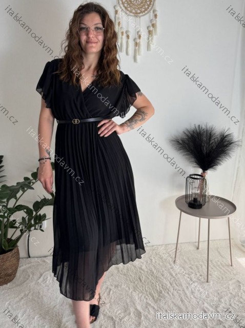 Šaty dlouhé letní šifonové elegantní skládané s páskem krátký rukáv dámské LAJLA (S/M/LONE SIZE) ITALSKÁ MÓDA IMWHA251214/DUR černá S/M/L