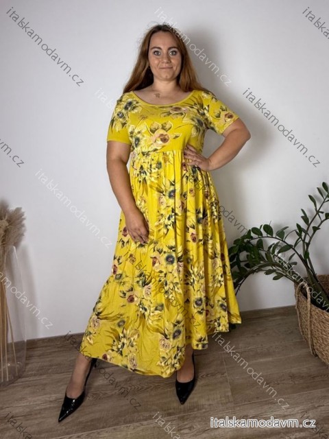 Šaty dlouhé letní krátký rukáv dámské nadrozměr MARIA (50/52/54 ONE SIZE) ITALSKÁ MÓDA IM425252/DU žlutá 50/52/54