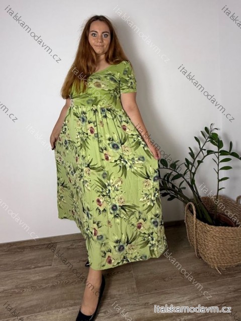 Šaty dlouhé letní krátký rukáv dámské nadrozměr MARIA (50/52/54 ONE SIZE) ITALSKÁ MÓDA IM425252/DU světle zelená 50/52/54