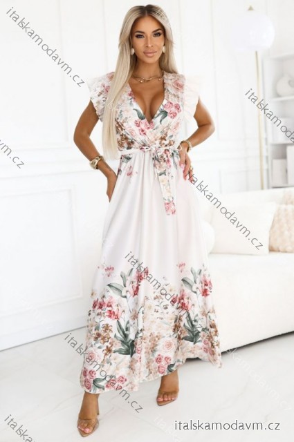 609-1 Saténové maxi šaty s hlubokým výstřihem a květinovým ombré vzorem – boho elegance