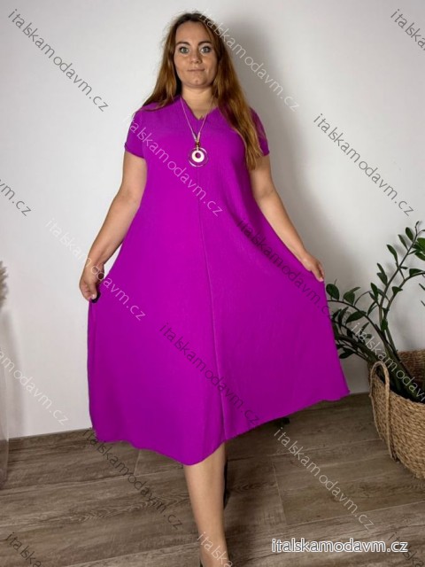 Šaty dlouhé s príveskom krátky rukáv dámske nadrozmer (48/50/52 ONE SIZE) TALIANSKA MÓDA IM425APOLENA/DUR fuchsiová 50/52