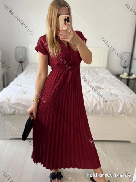 Šaty dlhé letné skládané krátky rukáv dámske ZUZA (S/M/L ONE SIZE) TALIANSKA MÓDA 	 IMD251761/DUR vínová S/M/L