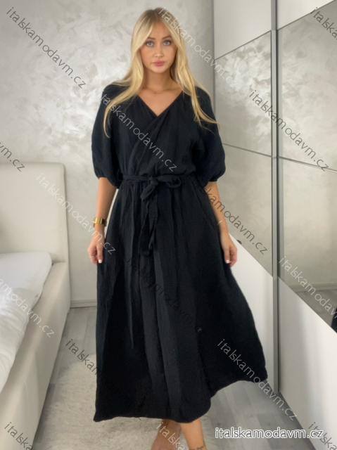 Šaty letné s opaskom mušelínové krátky rukáv dámske HANNAH  (M/L/XL ONE SIZE) TALIANSKA MÓDA IMD24242/DR M/L/XL čierna