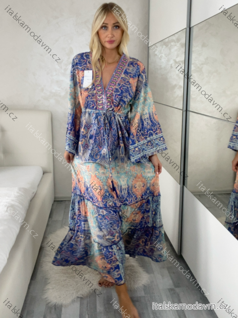 Šaty dlouhé letní dlouhý rukáv dámské (M/L/XL ONE SIZE) INDICKÁ MÓDA IMWKA25CE-301/DU