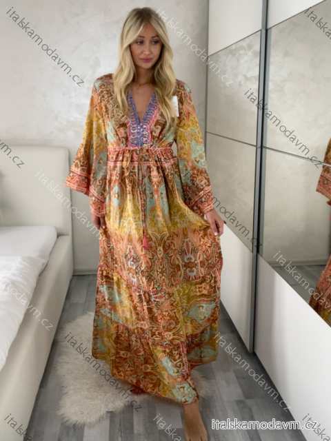 Šaty dlouhé letní dlouhý rukáv dámské (M/L/XL ONE SIZE) INDICKÁ MÓDA IMWKA25CE-301-5/DU M/L/XL béžová