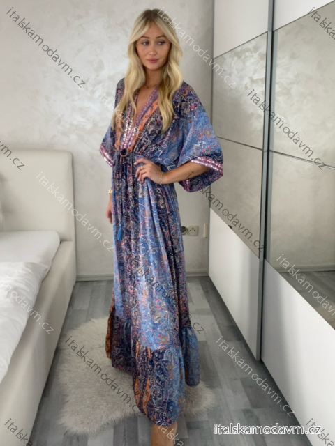 Šaty dlhé letný dlhý rukáv dámske LAJLA (S/M/L ONE SIZE) INDICKÁ MÓDA IMWKA25HE309G-3/DU