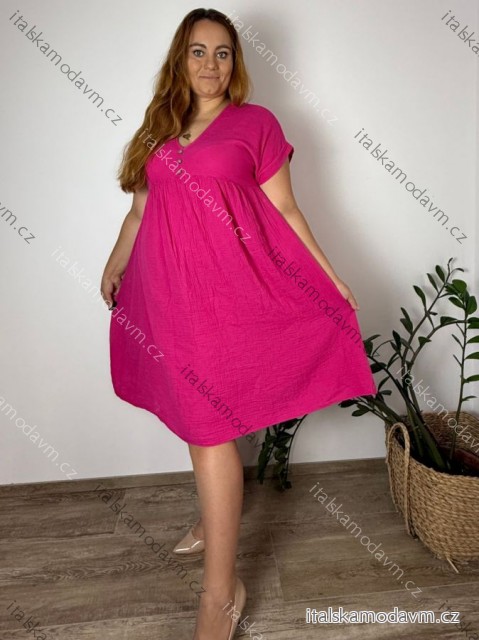Šaty volnočasové letní mušelínové krátký rukáv dámské nadrozměr SIMONE (46/48/50 ONE SIZE) ITALSKÁ MÓDA IM425466/DUR tm. růžová 46/48/50