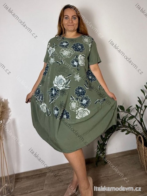 Šaty volnočasové letní oválné krátký rukáv dámské nadrozměr INGRID(52/54/56 ONE SIZE) ITALSKÁ MÓDA IM425465/DU 52/54/56 zelená khaki