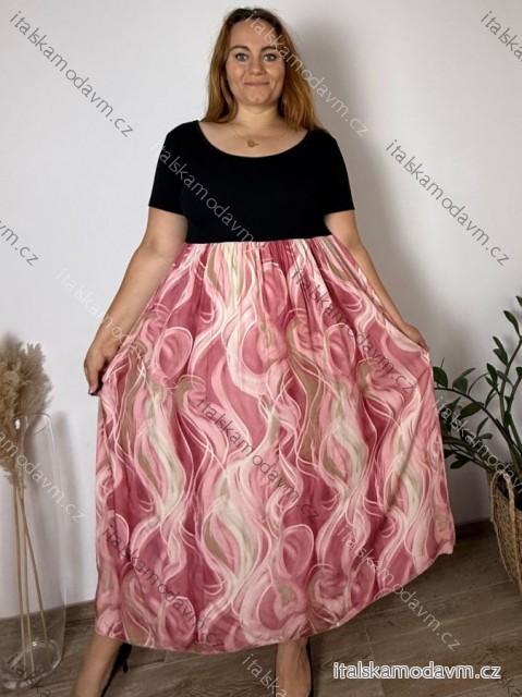 Šaty dlouhé volnočasové letní krátký rukáv dámské nadrozměr MONIE (48/50/52 ONE SIZE) ITALSKÁ MÓDA IM425330/DU růžová 48/50/52