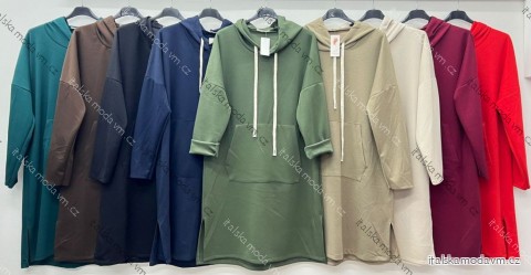 Šaty mikinové s kapucňou a vreckami dlhý rukáv dámske nadrozmer (52/54/56 ONE SIZE) TALIANSKA MÓDA IM425522