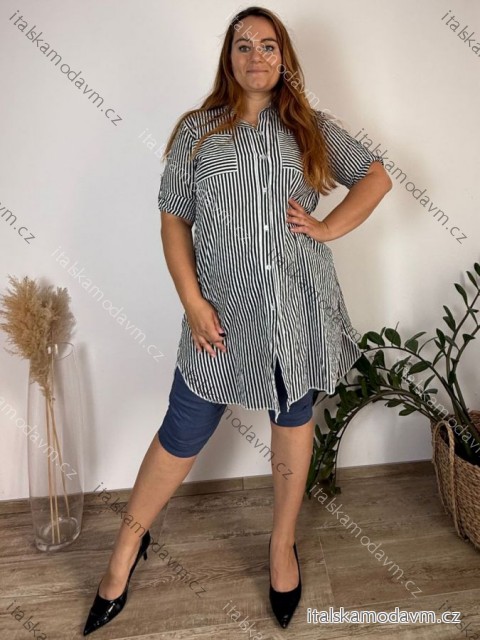 Šaty košile prodloužená 3/4 dlouhý rukáv dámské nadrozměr JANET  (44/46/48 ONE SIZE) ITALSKÁ MODA  IM421400/DU 44/46/48 Černá