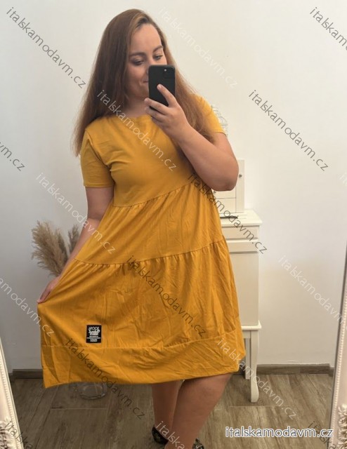 Šaty dlouhé volnočasové letní krátký rukáv dámské nadrozměr ALEXA (48/50/52 ONE SIZE) ITALSKÁ MÓDA IMC25220/DR hořčicová 48/50/52