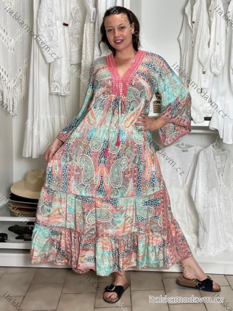 Šaty dlouhé letní dlouhý rukáv dámské (M/L/XL ONE SIZE) INDICKÁ MÓDA IMWKA25CE-301-7/DU M/L/XL světle zelená
