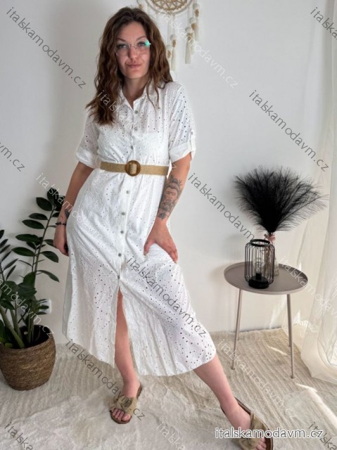 Šaty letní boho madeira krajkové košilové s páskem krátký rukáv dámské (S/M ONE SIZE) ITALSKÁ MÓDA IMPEM252191/DUR