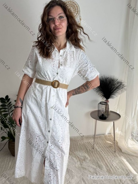 Šaty letní boho madeira krajkové košilové s páskem krátký rukáv dámské (S/M ONE SIZE) ITALSKÁ MÓDA IMPEM252191/DUR bílá S/M/L