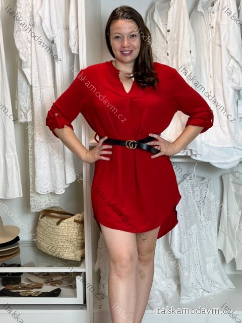 Tunika prodloužená košilová s páskem dlouhý rukáv dámská nadrozměr (2XL/3XL ONE SIZE) ITALSKÁ MÓDA IMD212156/DURčervená