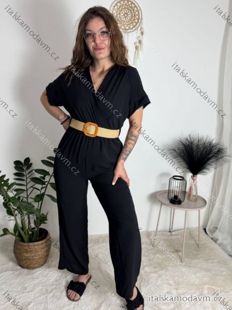 Overal dlouhý s páskem krátký rukáv dámské (S/M/L ONE SIZE) ITALSKÁ MÓDA IMWCN24010/DUR -   Černá -   M/L