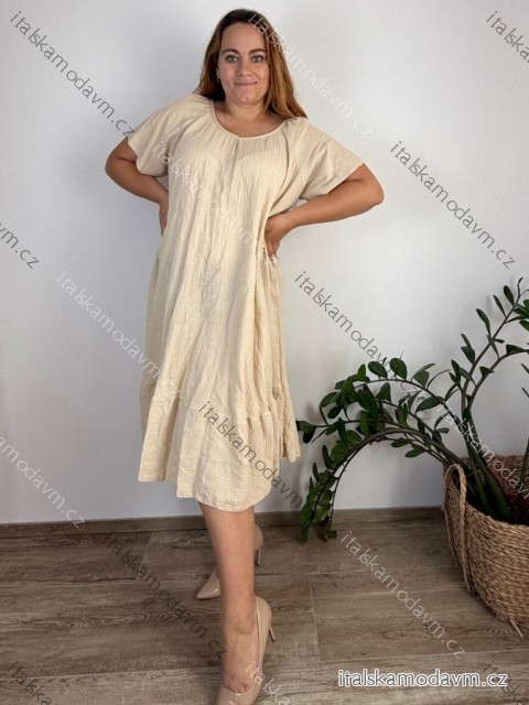 Šaty mušelínové krátky rukáv dámske nadrozmer (54/56/58 ONE SIZE) TALIANSKA MÓDA IMWEC24186/DR -   béžová -   56/58