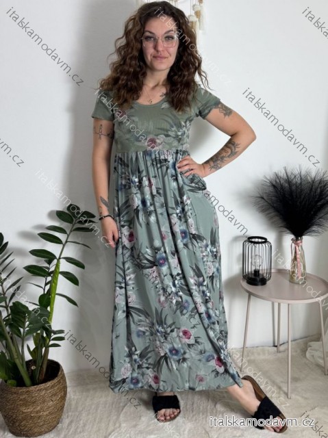 Šaty letní krátký rukáv dámské FLORA (S/M/L ONE SIZE) ITALSKÁ MÓDA IMSM25019-1/DUR zelená khaki S/M/L