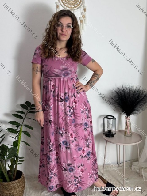 Šaty letní krátký rukáv dámské FLORA (S/M/L ONE SIZE) ITALSKÁ MÓDA IMSM25019-1/DUR růžová S/M/L