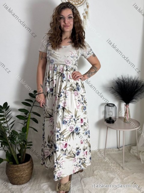 Šaty letní krátký rukáv dámské FLORA (S/M/L ONE SIZE) ITALSKÁ MÓDA IMSM25019-1/DUR béžová S/M/L