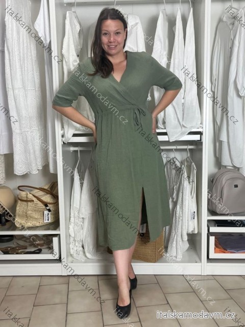 Šaty letné mušelínové krátky rukáv dámske JANET (S/M/L ONE SIZE) TALIANSKA MÓDA IMWGS232579/DU M / L zelená khaki