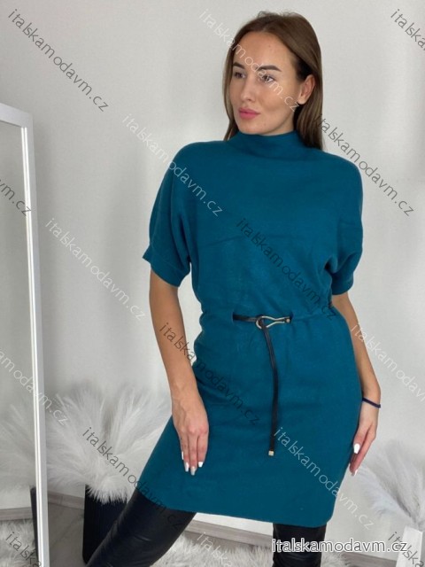 Šaty úpletové s páskem krátký rukáv dámské nadrozměr DITA (M/L/XL ONE SIZE) ITALSKÁ MÓDA IM425555/DR M/L/XL modrá petrolejová