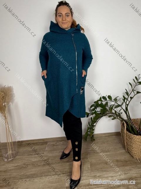 Kabát flaušový beránkový s kapucí na zip dlouhý rukáv dámský nadrozměr (50/52/54 ONE SIZE) ITALSKÁ MÓDA IM425500/DU
