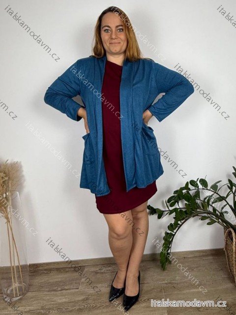 Cardigan bavlněný s kapsami dlouhý rukáv dámský nadrozměr (48/50/52 ONE SIZE) ITALSKÁ MÓDA IM425549/DUR 48/50/52 modrá petrolejová