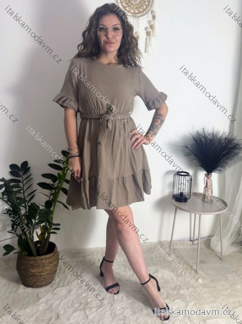 Šaty letní mušelín krátký rukáv dámské BELLA (S/M/L ONE SIZE) ITALSKÁ MÓDA IMWGS251112/DU hnědá S/M/L