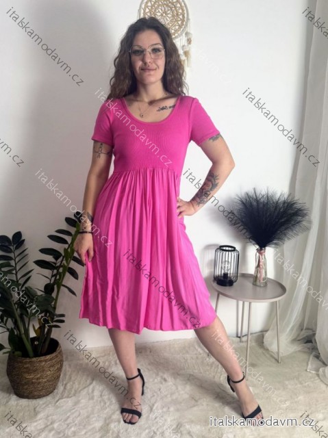 Šaty krátké letní krátký rukáv dámské (S/M/L ONE SIZE) ITALSKÁ MÓDA IM425MARIA-L/DUR tmavě růžová S/M/L
