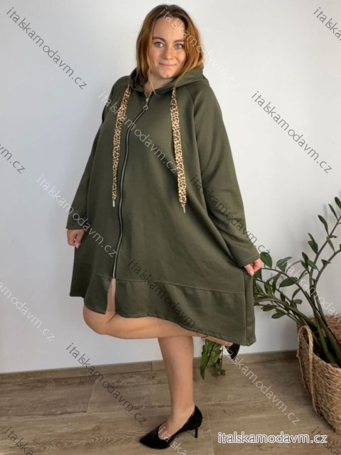 Mikina prodloužená s kapucí na zip dlouhý rukáv dámská nadrozměr ZITA (54/56/58 ONE SIZE) ITALSKÁ MÓDA IMC25394/DR 54/56/58 zelená khaki