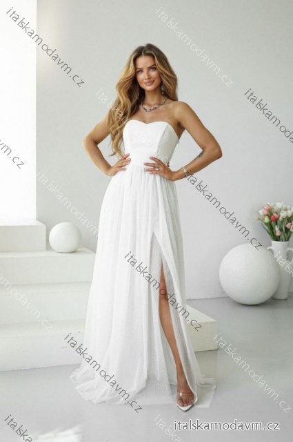 Šaty dlouhé carmen společenské třpytivé dámské (34-42) POLSKÁ MÓDA PMLWD25CECYLIA2 bílá 40